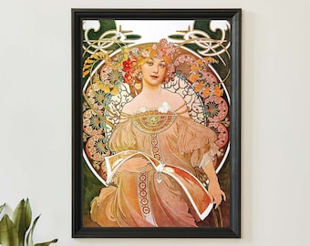 Illustrazione di Alphonse Mucha, Ritratto di donna vintage, Arte della parete in stile Art Nouveau