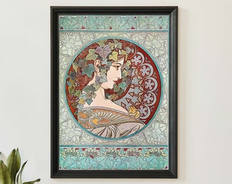 Vintage Alphonse Mucha Ivy illustratie, retro reclameposter, art nouveau kunst aan de muur, Frans decor