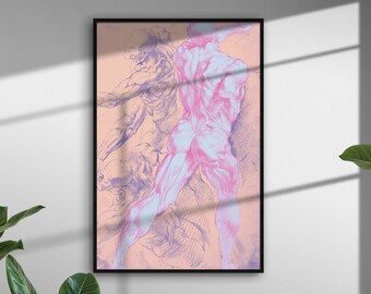 Vintage Male Anatomy Sketch Print Purple Pink vinci artwork poster