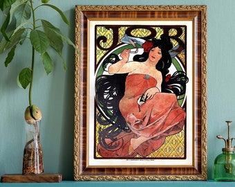 Vintage Alphonse Mucha illustratie, JOB sigarettenpapier advertentie, Art Nouveau kunst aan de muur, Frans decor