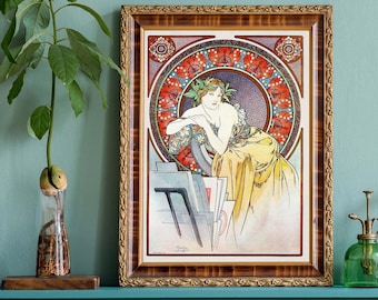 Vintage Alphonse Mucha illustratie, vrouw portret, Art Nouveau kunst aan de muur, klassiek Frans huisdecor