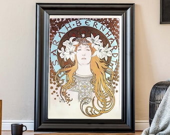 Vintage Alphonse Mucha Art Print, Sarah Bernhardt illustratie, Art Nouveau kunst aan de muur, retro Frans decor