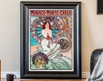 Illustrazione di Alphonse Mucha, pubblicità di Monaco Monte Carlo, arte della parete in stile Art Nouveau, illustrazione francese