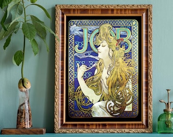 Ilustración antigua de Alphonse Mucha, anuncio de papel para cigarrillos JOB, arte mural Art Nouveau, decoración francesa