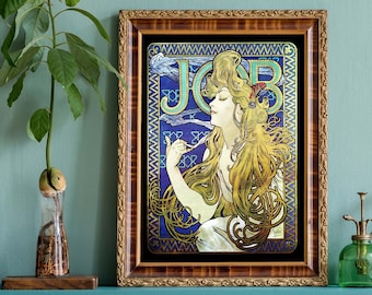 Antique Alphonse Mucha Illustration, JOB Cigarette Paper Advert, Art Nouveau Wall Art, French Decor