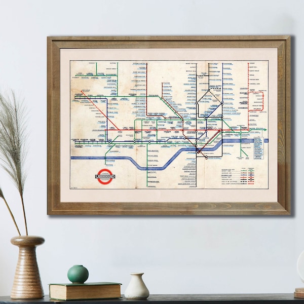 Vintage London Underground Map Print, Antique London Tube Wall Art, Travel Vacation Poster