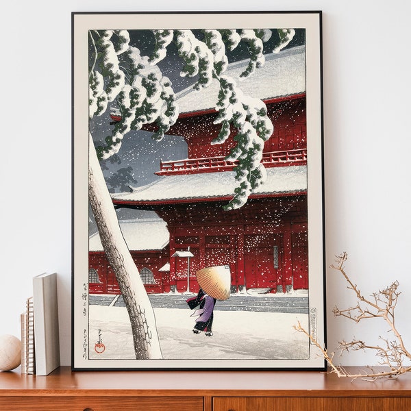 Japanese Winter Poster, Woodblock Art, Geisha In The Snowstorm by Kawase Hasui, Japandi Decor, Trendy Wall Art