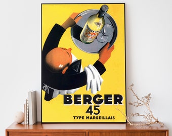 Op de afbeelding: Een vintage advertentie voor Berger 45 Type Marseillais, een Franse aperitief. De advertentie toont een ober die een dienblad vasthoudt met een fles van de aperitief en twee glazen. De achtergrond is felgeel.