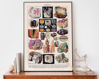 Lámina artística vintage de minerales y rocas, póster de gráfico científico, arte mural rústico bohemio
