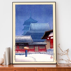 Japanese Winter Poster, Woodblock Art, Geisha In The Snowstorm by Kawase Hasui, Japandi Decor, Trendy Wall Art