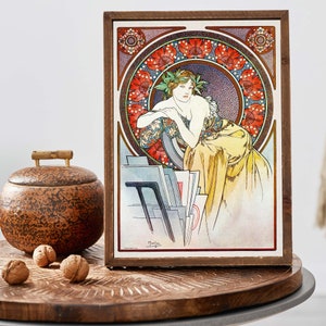 Vintage Alphonse Mucha Illustration, Frauenportrait, Jugendstil-Wandkunst, klassische französische Wohndekoration Bild 3