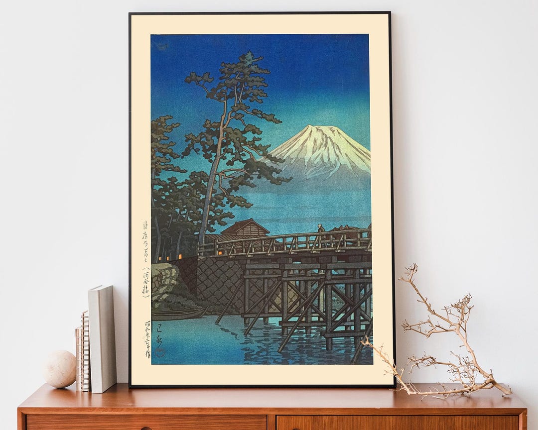 川瀬巴水アートプリント、富士山月光、ヴィンテージ日本木版画