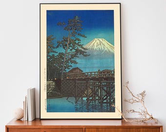川瀬巴水作「月光富士河口橋」木版画、ジクレー版画、風景画、田園風景
