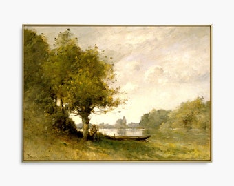 Vintage Landscape Art Print, Riverside Oil Painting, Farmhouse Decor, Countryside Painting