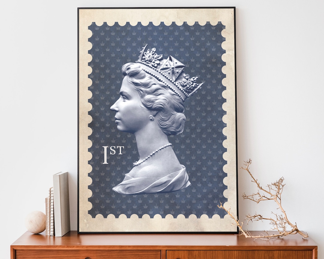 Buy Queen Elizabeth Blue Stamp Print, Vintage Queen of England