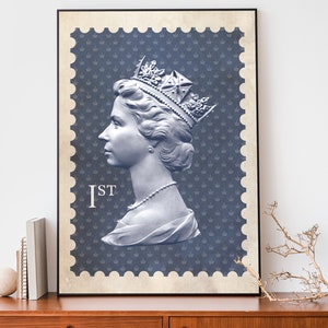 Queen Elizabeth Blau Stempel Druck, Vintage Königin Von England Poster, Britische Stempel Dekor