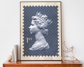 Impresión de sello azul de la Reina Isabel, póster vintage de la Reina de Inglaterra, decoración de sellos británicos