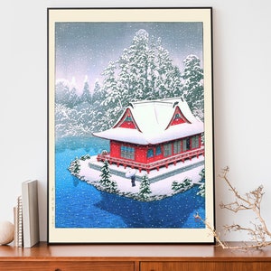 Japanese Winter Poster, Woodblock Art, Temple Poster by Kawase Hasui, Japandi Decor, Trendy Wall Art