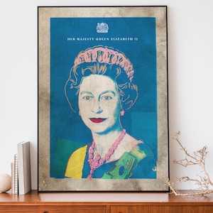 Queen Elizabeth Pop Art Print, Vintage Queen Of England Poster, British Royal Family Decor, Andy Warhol Style