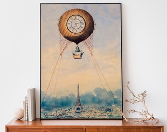 Vintage Hot Air Balloon Poster, Antique Travel Poster, French Illustration Art Print, Eiffel Tower art