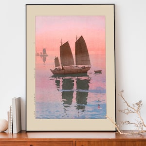 Póster japonés vintage: Veleros al atardecer de Yoshida Hiroshi, xilografía, decoración japonesa, póster del océano