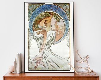 Vintage Alphonse Mucha Art Print, Art Nouveau Franse poster, mooie vrouw illustratie