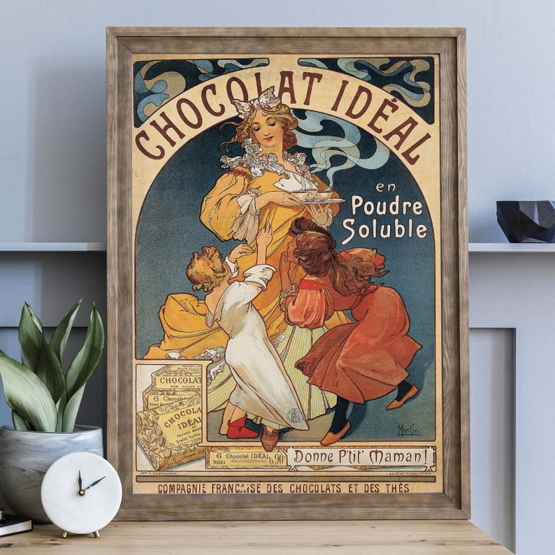 Ilustración vintage de Alphonse Mucha de chocolate, carteles publicitarios franceses retro, arte de pared Art Nouveau, decoración francesa imagen 4