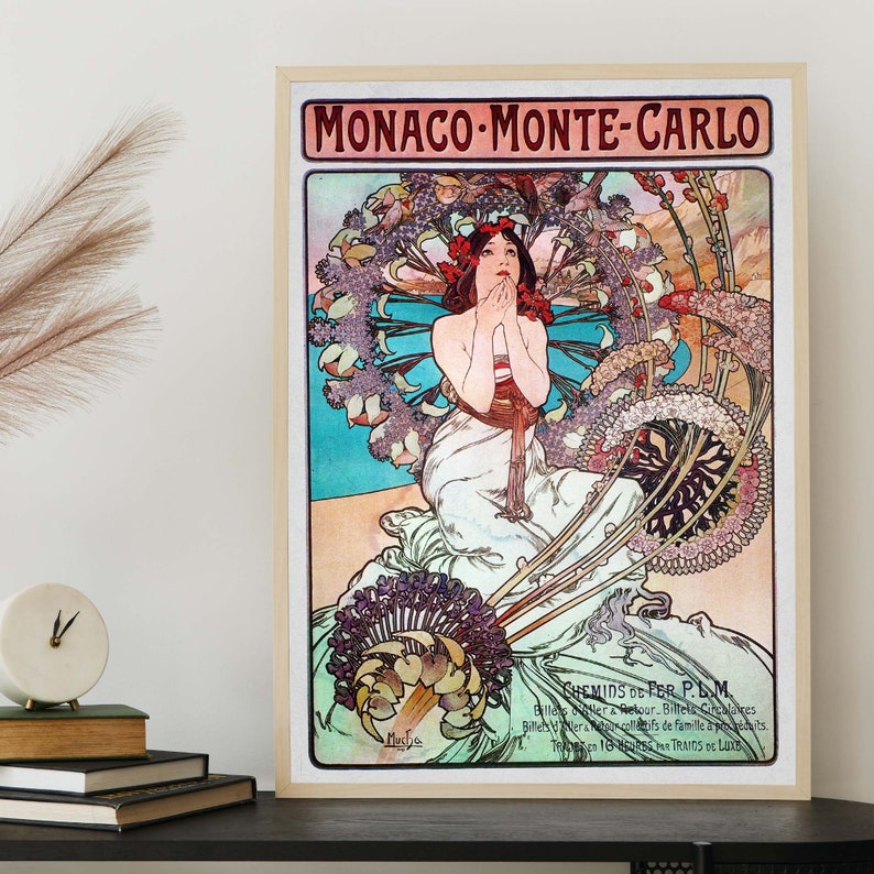 Alphonse Mucha Illustration, Monaco Monte Carlo Ad, Art Nouveau Wall Art, French Illustration image 6