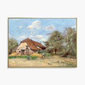 Vintage Farmhouse Oil Painting Art Print, Countryside Decor, Cottagecore Art, Rural Landscape Art