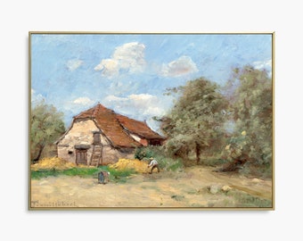 Stampa artistica di pittura a olio di fattoria vintage, arredamento di campagna, arte cottagecore, arte del paesaggio rurale