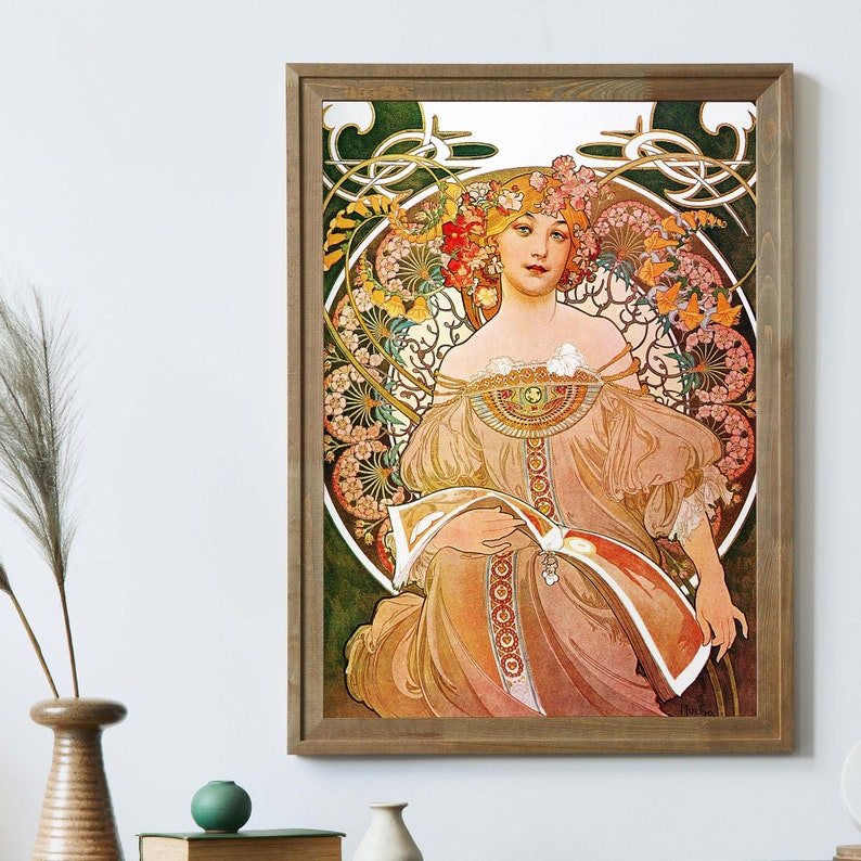 Alphonse Mucha Illustration, Vintage Frauenportrait, Jugendstil Wandkunst Bild 3