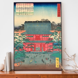 Vintage Japanese Poster, Utagawa Hiroshige Woodblock Print for Asian Home Decor, Japanese Temple Painting