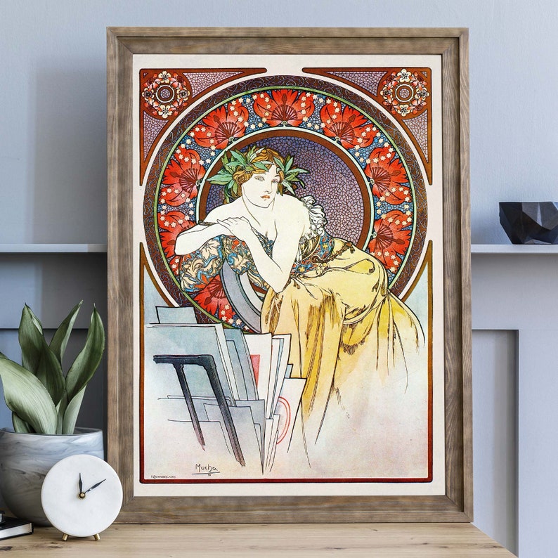 Vintage Alphonse Mucha Illustration, Frauenportrait, Jugendstil-Wandkunst, klassische französische Wohndekoration Bild 2
