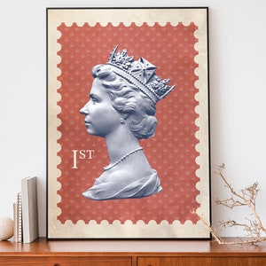 Queen Elizabeth Stempeldruck, Vintage Königin von England Poster, HRH Wandkunst, königliche Stempeldekoration