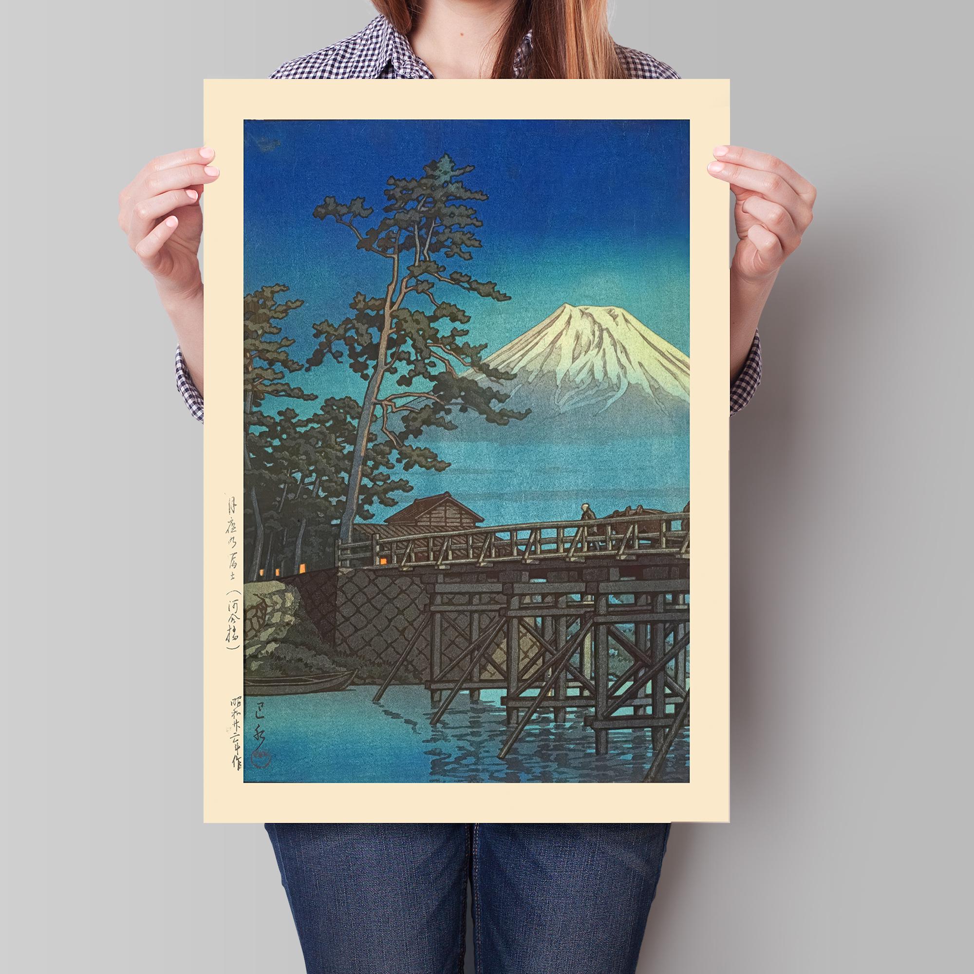 川瀬巴水アートプリント、富士山月光、ヴィンテージ日本木版画