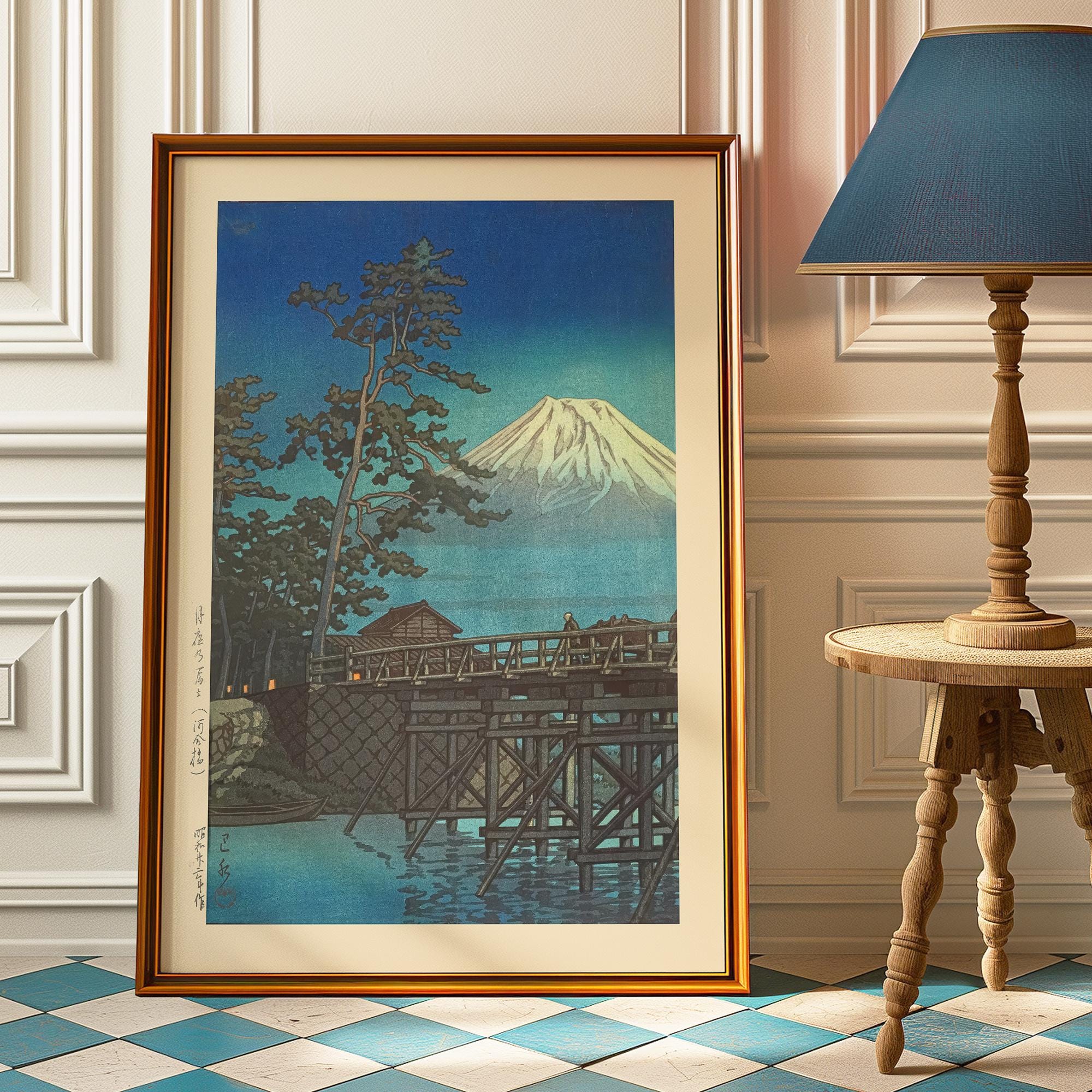 川瀬巴水アートプリント、富士山月光、ヴィンテージ日本木版画