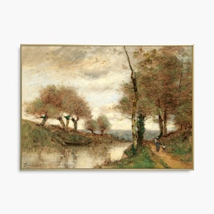 Vintage Countryside Art Print, Riverside Oil Painting, Farmhouse Decor, Rustic Wall Art