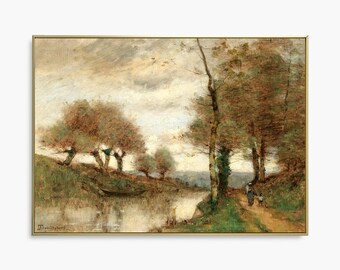 Vintage Countryside Print — Riverside Oil Painting Art