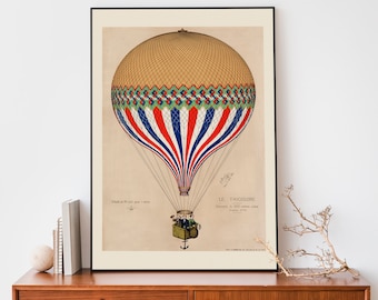 Vintage Hot Air Balloon Print, Travel Poster, French Illustration Art Print