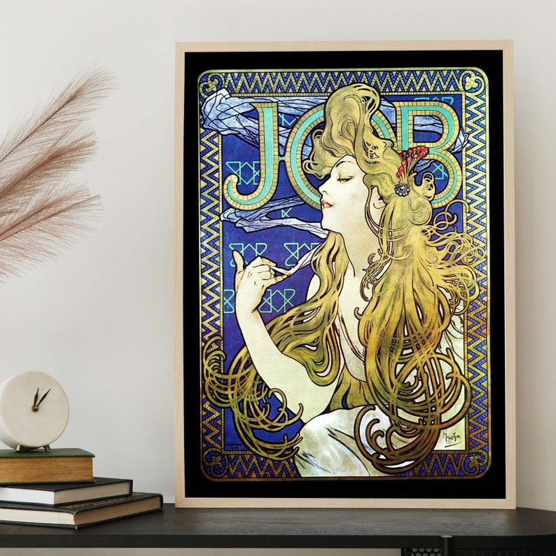 Illustrazione antica di Alphonse Mucha, annuncio di carta per sigarette JOB, arte murale in stile Art Nouveau, arredamento francese immagine 5