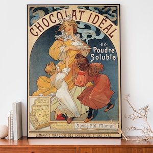 Ilustración vintage de chocolate de Alphonse Mucha, carteles publicitarios franceses retro, arte mural Art Nouveau, decoración francesa