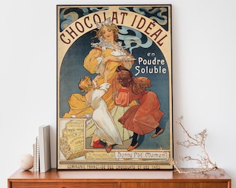 Ilustración vintage de Alphonse Mucha de chocolate, carteles publicitarios franceses retro, arte de pared Art Nouveau, decoración francesa