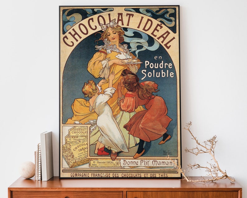 Ilustración vintage de Alphonse Mucha de chocolate, carteles publicitarios franceses retro, arte de pared Art Nouveau, decoración francesa imagen 1