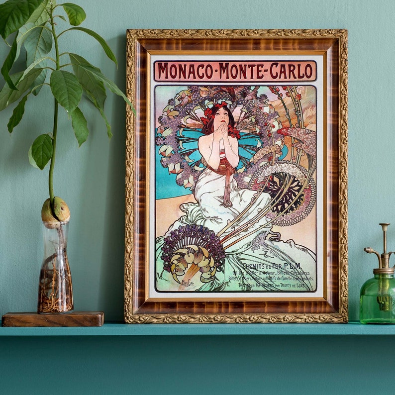 Alphonse Mucha Illustration, Monaco Monte Carlo Anzeige, Jugendstil-Wandkunst, französische Illustration Bild 5