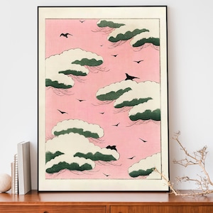 Póster japonés, xilografía, cielo rosa de Bijutsu Sekai de Watanabe Seitei, decoración japonesa, póster del océano