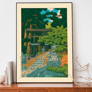 Vintage Japanischer Wald Poster, Japanischer Tempel Holzschnitt, Kumagaya-Schrein von Kawase Hasui, Japandi Dekor, botanische Wandkunst