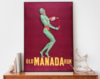 Vintage oude poster manada rum, retro alcoholadvertentie, barmuurkunst