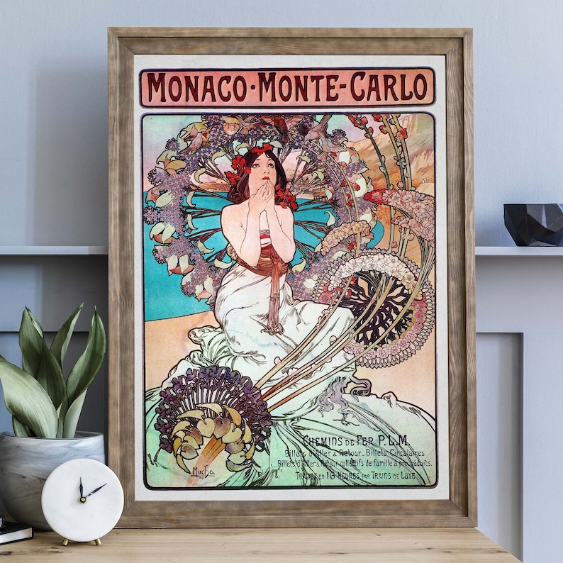 Alphonse Mucha Illustration, Monaco Monte Carlo Anzeige, Jugendstil-Wandkunst, französische Illustration Bild 4
