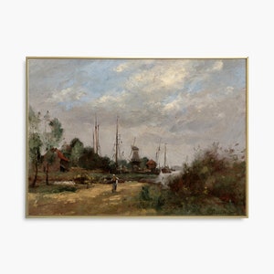 Vintage Landscape Art Print, Windmill Painting, Farmhouse Decor, Cottagecore Art