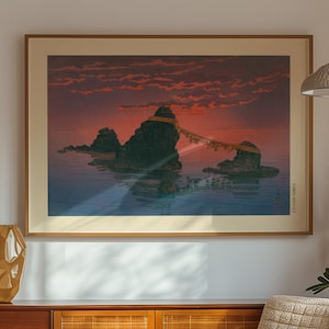 Póster japonés de Kawase Hasui, arte en madera, arte del amanecer, decoración japonesa, póster del océano, arte mural del atardecer